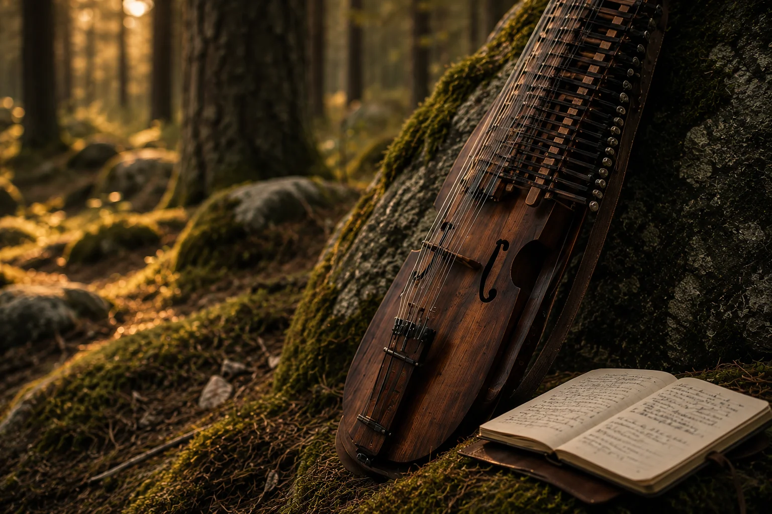 A notebook beside a stringed instrument.