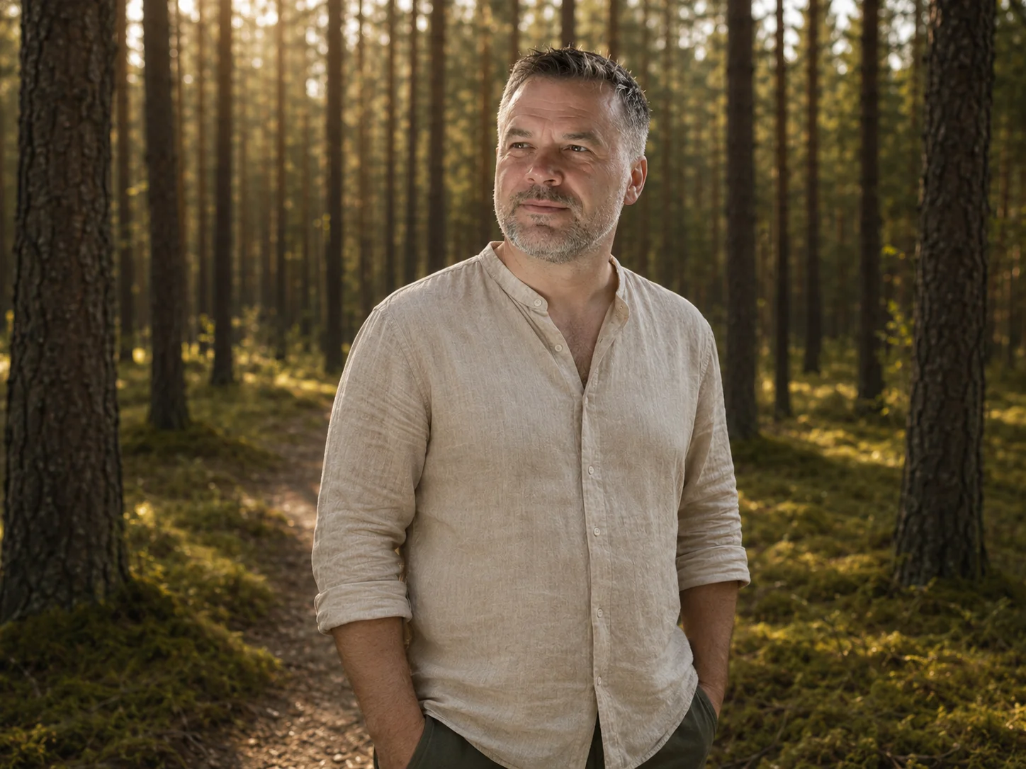 Ken Wolfgangsson standing among trees in a sunlit forest.