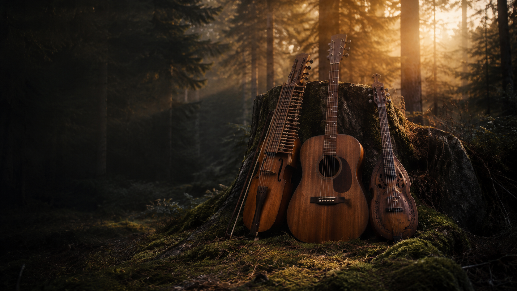 Ken Wolfgangsson sitting in a sunlit forest beside a nyckelharpa and notebook.