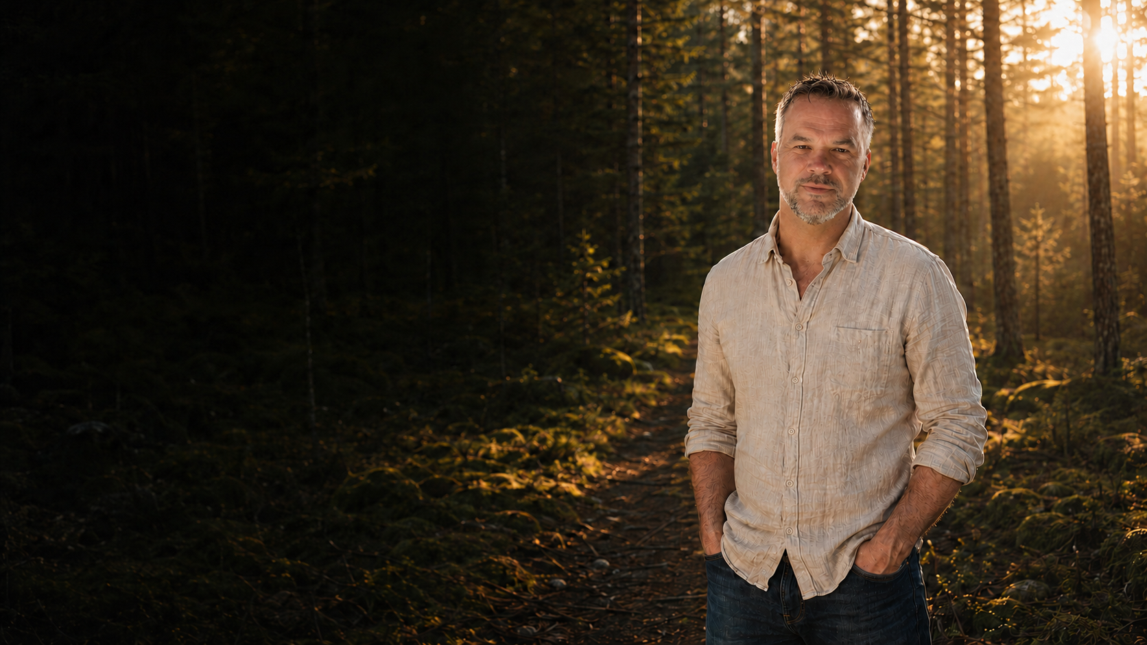 Ken Wolfgangsson sitting in a sunlit forest beside a nyckelharpa and notebook.