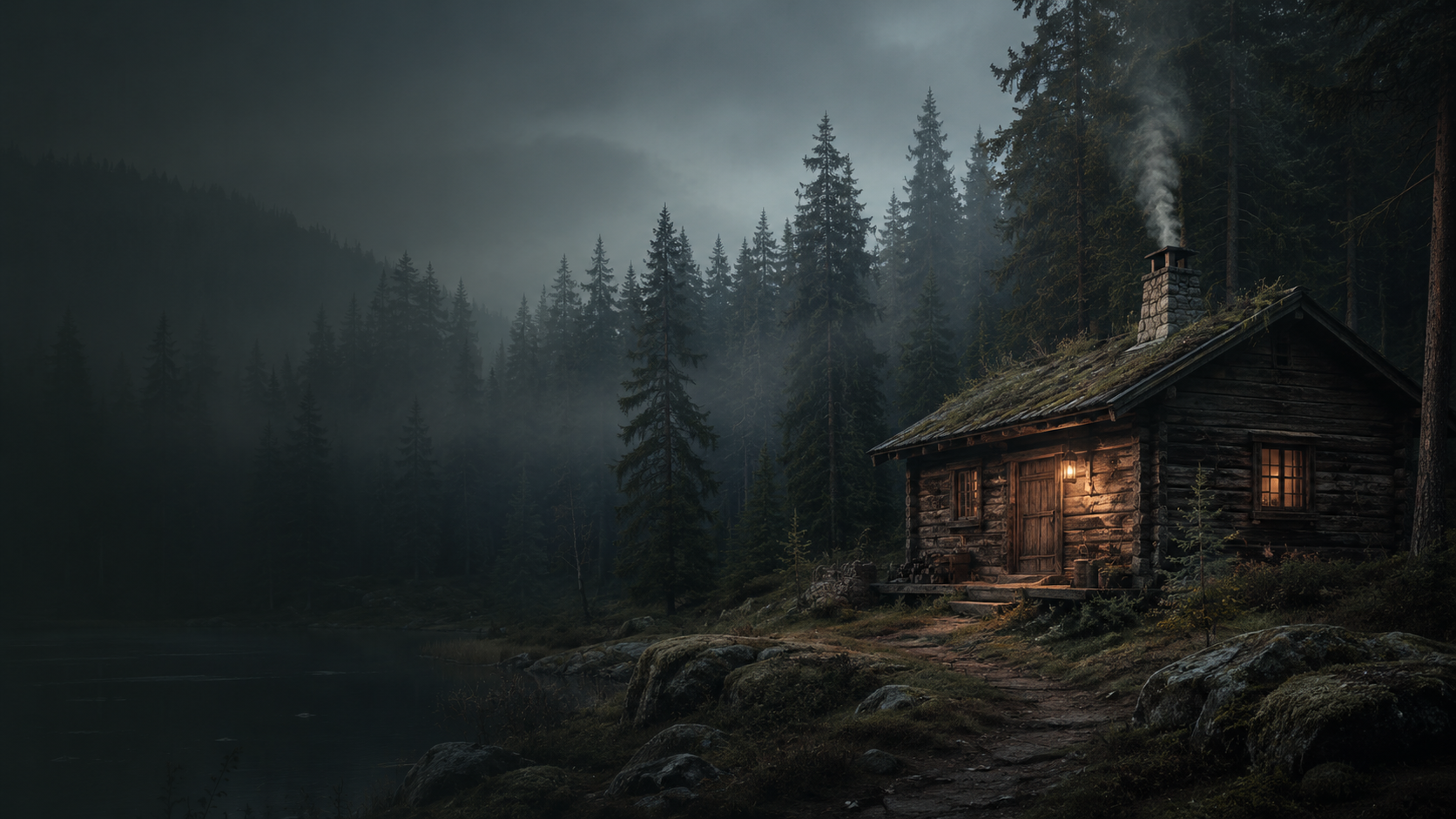 A dark forest cabin at the edge of a northern lake.