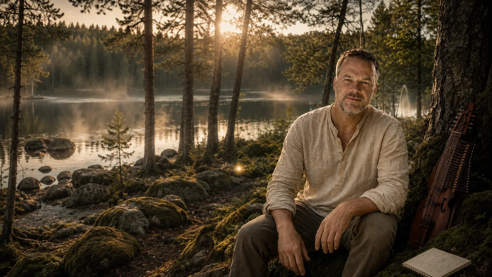 Ken Wolfgangsson sitting in a sunlit forest beside a nyckelharpa and notebook.